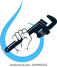 Llave de agua en la mano del fontanero y gota de agua