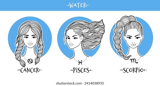Water zodiac signs girls collection. Vector illustration of beautiful women. Scorpio, Cancer and Pisces horoscope set.