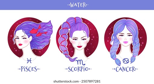 El zodiaco del agua señala la colección de las niñas. Ilustración de color de Vector de mujeres hermosas. Horóscopo de Escorpio, Cáncer y Piscis.