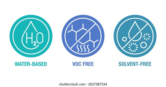 Water-based, VOC free and Solvent free - flat icons set for labeling of cleaning agent or household chemicals svg