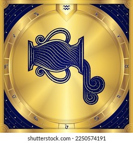 Letrero acuático Aquarius Zodiac, lujoso lujoso medallón griego dorado, estelar de estrella, astrología de horóscopo de Fortune-Telling y predicción del futuro, ilustración de diseño de vectores de íconos de distintivo de elemento.