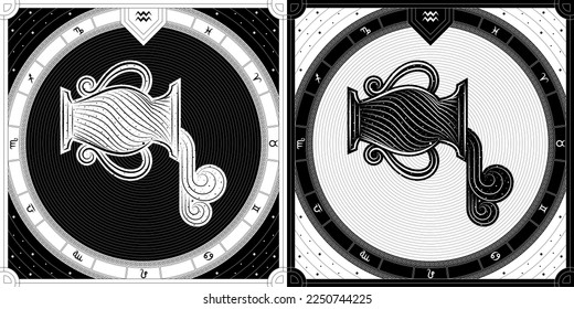 Water-Bearer Aquarius Zodiac Sign, Classic Greek Meander Black-White Silhouette, Stellar Star Sign, Horoscope Astrology Fortune-Telling and Future Prediction, Badge Icon Vector Design Illustration.