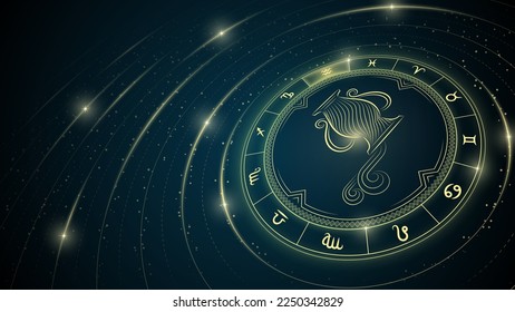 Water-Bearer Aquarius Zodiac Symbol, Wheel of Twelve Sign, Star Trail, Glowing Ray of Star Light in Space, Horoscope and Astrology, Fortune-Telling, Stellar Backdrop Background Vector Illustration.