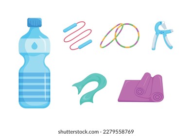 Waterbottle,Rope,Mat.Exercise equipment in cartoon character,isolated on white background