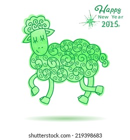 Watercolor 2015 new year card with green sheep isolated on white background, vector illustration