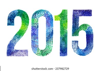 Watercolor 2015 sign. herbs ornated numbers. Calligraphy 2015  New Year sign.