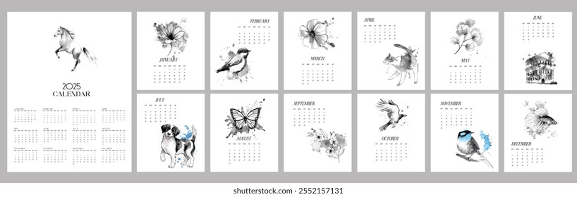 Watercolor 2025 calendar Design Template Printable  