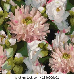 Watercolor 3D realistic romantic flowers bouquet composition peony dahlia rose seamless pattern texture background vector