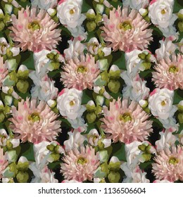 Watercolor 3D realistic romantic flowers bouquet composition peony dahlia rose seamless pattern texture background vector