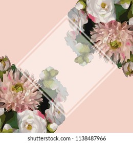 Watercolor 3D realistic romantic flowers bouquet composition peony dahlia rose frame border sample background vector