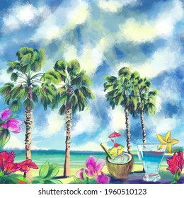 Watercolor 3d vector hand drawn painting of a Hawaiian beach landscape with banana palm trees tropical flowers coconut and cocktail