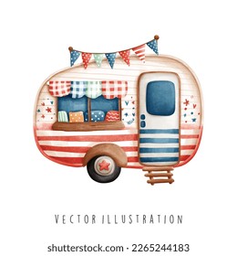 Watercolor 4th of July camper, Independence day. Vector illustration 