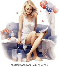 Watercolor 4th of July Cosy Lovely Girl with Independence Day Home Decoration Illustration Clipart