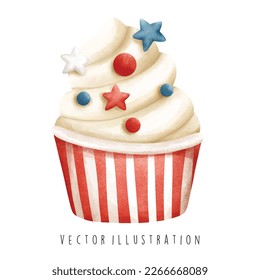 Watercolor 4th of July cupcake, Independence day. Vector illustration 