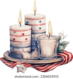 Watercolor 4th of July Independence Day Candles Flowers Cosy Decoration Illustration Clipart