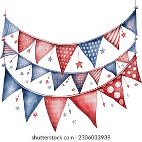 Watercolor 4th of July Independence Day Party Flags Cosy Decoration Illustration Clipart