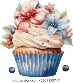 Watercolor 4th of July Independence Day Party Flowers Cupcake Cosy Decoration Illustration Clipart