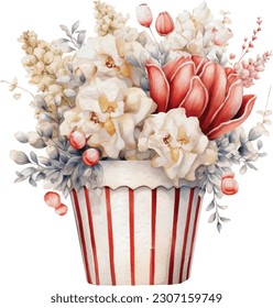 Watercolor 4th of July Independence Day Cozy Home Decoration Flowers pot Illustration Clipart