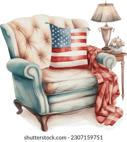 Watercolor 4th of July Independence Day cozy home decoration wingback sofa Illustration Clipart