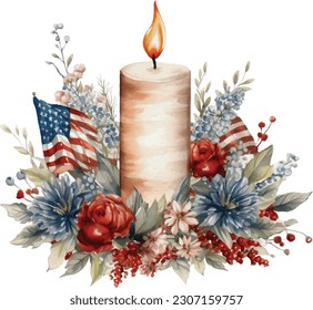 Watercolor 4th of July Independence Day Candles Flowers Cosy Decoration Illustration Clipart