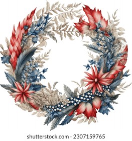 Watercolor 4th of July Independence Day Home Decoration Flowers Wreath Illustration Clipart