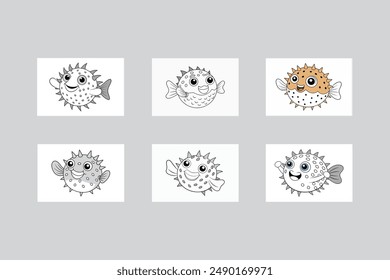 Watercolor 6 set Puffer Fish Waving Vector Illustration Icon.