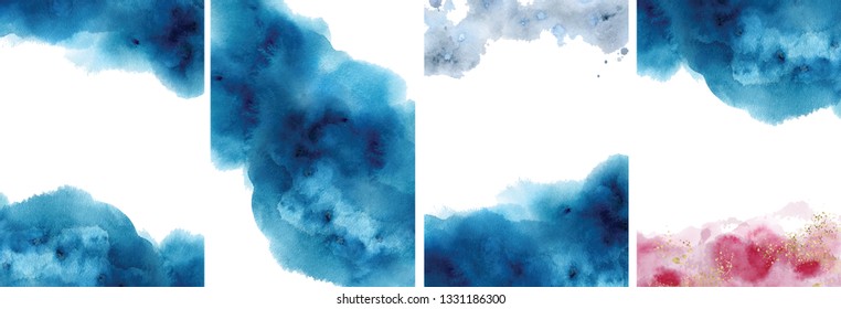 Watercolor Abstract Aquamarine, Background, Hand Drawn Watercolour Blue, Pink And Gold Texture Vector Illustration