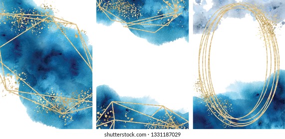 Watercolor Abstract Aquamarine, Background, Hand Drawn Watercolour Blue And Gold Texture Vector Illustration