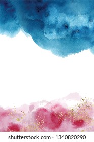 Watercolor abstract aquamarine, background, hand drawn watercolour blue, pink and gold texture Vector illustration