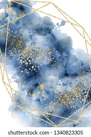 Watercolor Abstract Aquamarine, Background, Hand Drawn Watercolour Blue And Gold Texture Vector Illustration