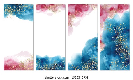 Watercolor abstract aquamarine, background, hand drawn watercolour blue, pink and gold texture Vector illustration