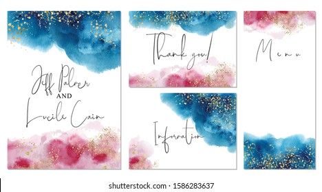 Watercolor abstract aquamarine wedding set with  hand drawn blue and pink background.  Vector set