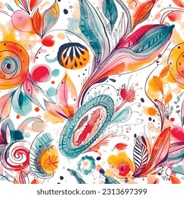 Watercolor abstract arrangements. Summer spring flowers Doodle lines drawing seamless pattern. Colorful doodles floral ornaments. Painted hand drawn dirty vector background. Watercolor flowers leaves.