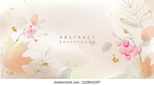 Watercolor abstract art autumn background with multicolored maple and other leaves and viburnum (rowan) berries in pastel colors. Vector drawing for  banner, greeting card, invitation, poster, covers.