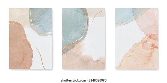 Watercolor abstract art background in blue and pink colors with golden elements in line style. Set of ink prints for decor, invitations, interior design, packaging