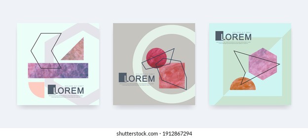 Watercolor abstract art background with doodles and various shapes. Luxury social media stories and poster template vector set. Minimalistic geometric frames hand painted