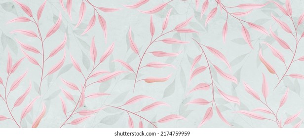 Watercolor abstract art background with pink exotic leaves. Botanical banner with a pattern of tree branches for decoration, print, wallpaper, textile