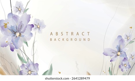 Watercolor abstract art floral background with flowers in blue and purple tones on earthy beige background with several golden design elements for advertising banner, greeting card, invitation, covers