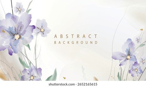 Aquarela abstrata arte floral fundo com flores em tons azuis e roxos no fundo bege terra com vários elementos de design dourado para publicidade banner, cartão de saudação, convite, capas