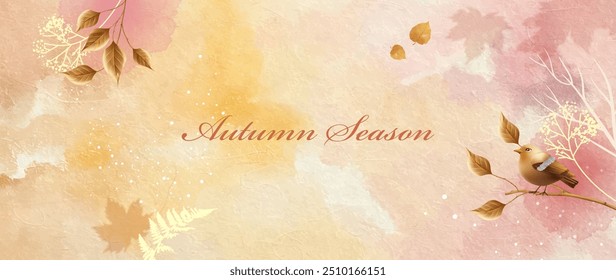 Watercolor abstract autumn banner with a bird, paint stains and golden leaves