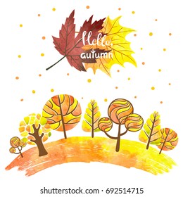 Watercolor abstract autumn forest background. Colorful trees and leaves. Hello autumn lettering. Vector illustration. 