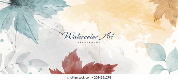 Watercolor abstract background autumn collection with maple and seasonal leaves. Hand-painted watercolor natural art, perfect for your designed header, banner, web, wall, cards, etc