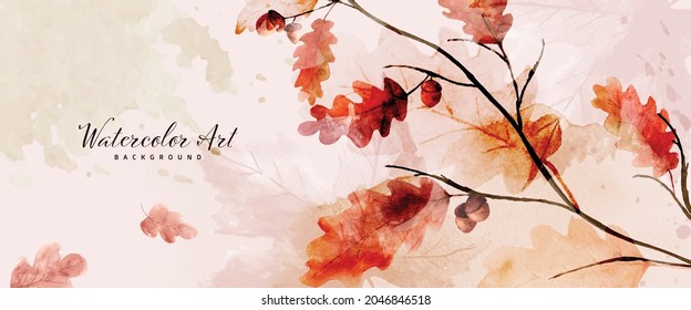 Watercolor abstract background autumn collection with oak and seasonal leaves. Hand-painted watercolor natural art, perfect for your designed header, banner, web, wall, cards, etc.