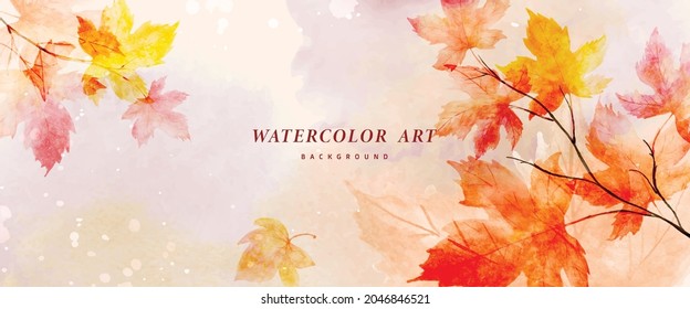 Watercolor abstract background autumn collection with maple and seasonal leaves. Hand-painted watercolor natural art, perfect for your designed header, banner, web, wall, cards, etc.