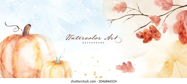 Watercolor abstract background autumn collection with pumpkin and seasonal leaves. Hand-painted watercolor natural art, perfect for your designed header, banner, web, wall, cards, etc.