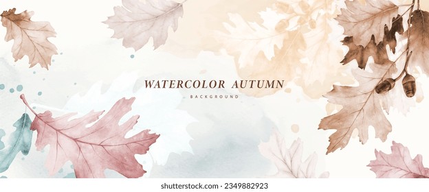 Watercolor abstract background autumn collection with seasonal leaves, oak leaves, and acorns. Hand-painted watercolor natural art, perfect for your designed header, banner, web, wall, cards, etc.