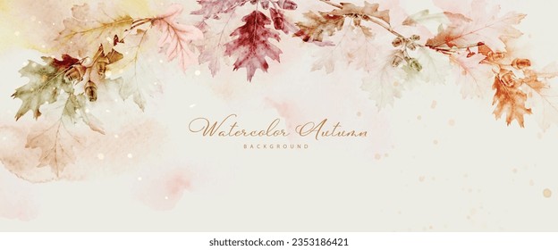 Watercolor abstract background autumn collection with seasonal leaves, oak leaves, and acorns. Hand-painted watercolor natural art, perfect for your designed header, banner, web, wall, cards, etc.