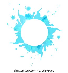 Watercolor Abstract Background, Circular Frame With Blue Flower Design, Grunge Brush Stoke Vector Illustration