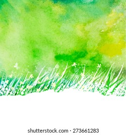 Watercolor abstract background with hand drawing garden grass. Season summer nature illustration. Outdoor decorative label.