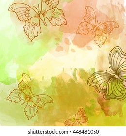 Watercolor abstract background with hand drawing floral pattern and butterflies. Autumn colors